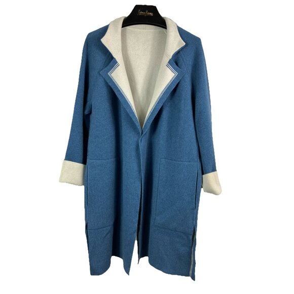 Sz 16 4kBlue & Ivory Akris 100% Cashmere Reversible Coat Duster